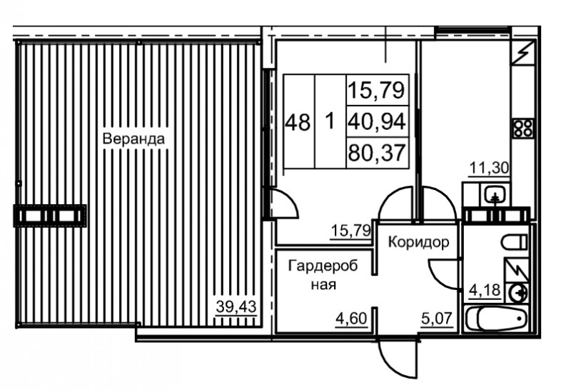 Однокомнатная квартира 52.77 м²