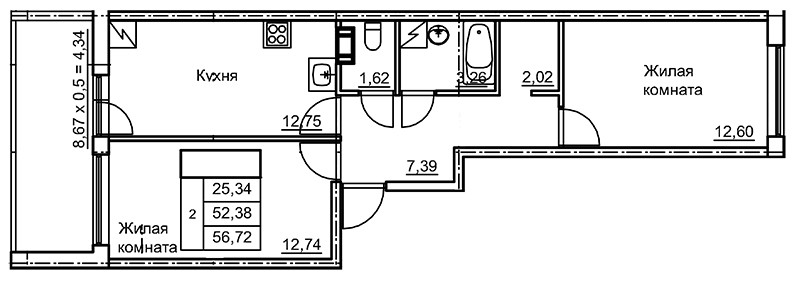 Двухкомнатная квартира 56.4 м²