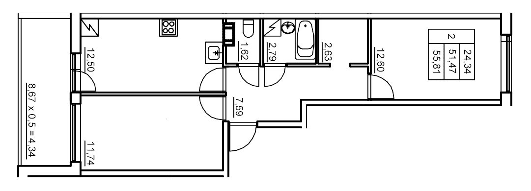 Двухкомнатная квартира 56.37 м²