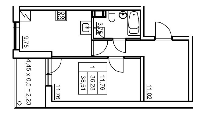 Однокомнатная квартира 39.79 м²
