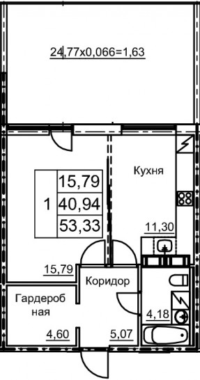 Однокомнатная квартира 48.37 м²