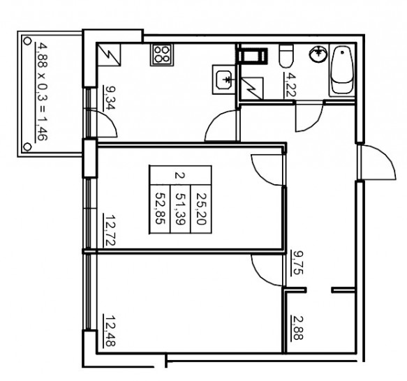 Двухкомнатная квартира 52.25 м²