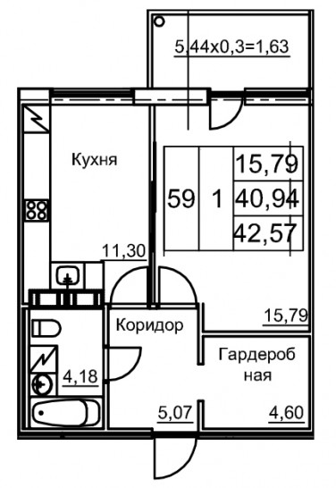Однокомнатная квартира 42.57 м²