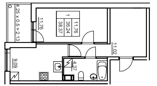 Однокомнатная квартира 39.77 м²