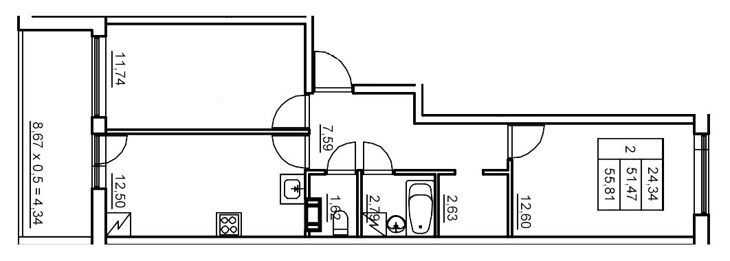 Двухкомнатная квартира 56.37 м²
