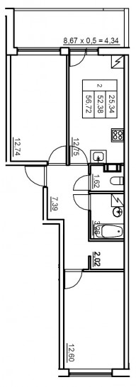 Двухкомнатная квартира 56.4 м²