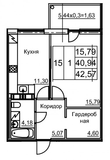 Однокомнатная квартира 42.57 м²