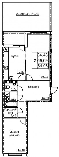 Двухкомнатная квартира 78.07 м²