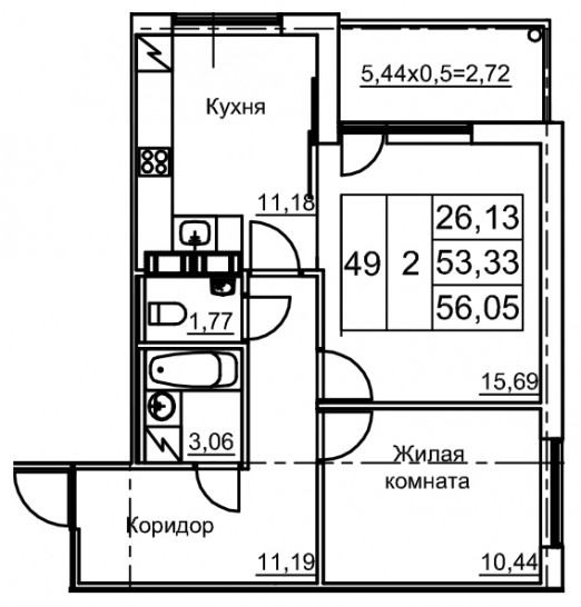 Двухкомнатная квартира 56.05 м²