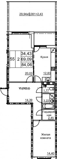 Двухкомнатная квартира 78.07 м²