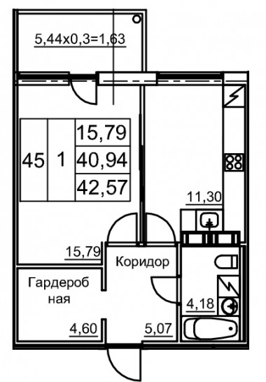 Однокомнатная квартира 42.57 м²