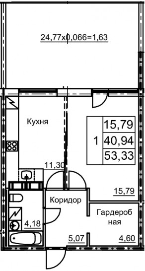 Однокомнатная квартира 48.37 м²