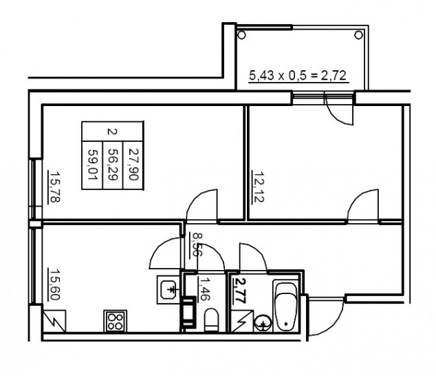 Двухкомнатная квартира 55.27 м²