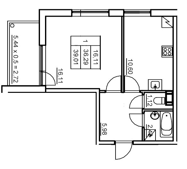 Однокомнатная квартира 38.92 м²