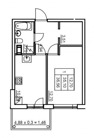 Однокомнатная квартира 36.61 м²