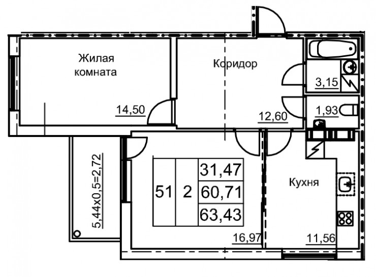 Двухкомнатная квартира 63.43 м²