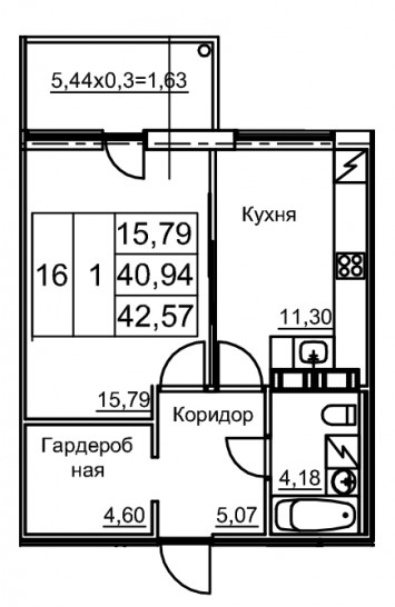 Однокомнатная квартира 42.57 м²