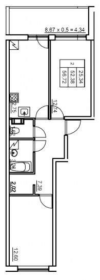Двухкомнатная квартира 56.4 м²