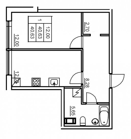 Однокомнатная квартира 40.39 м²