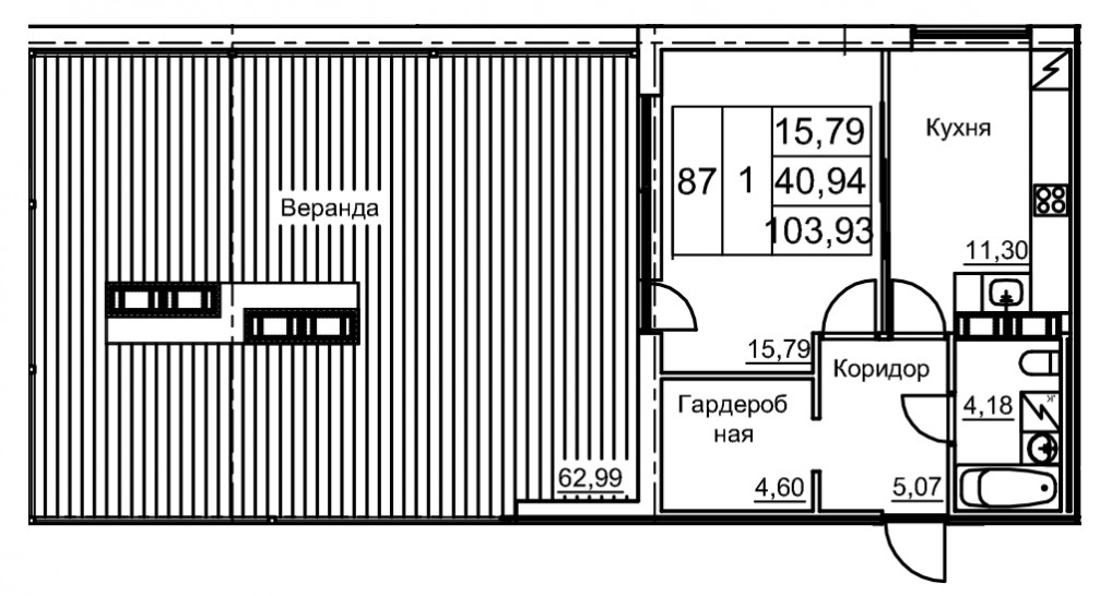 Однокомнатная квартира 53.04 м²