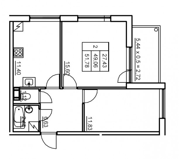 Двухкомнатная квартира 51.23 м²